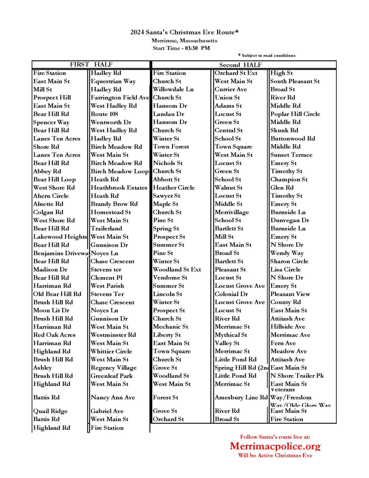 Santa's 2024 Christmas Eve Route Town of Merrimac, MA
